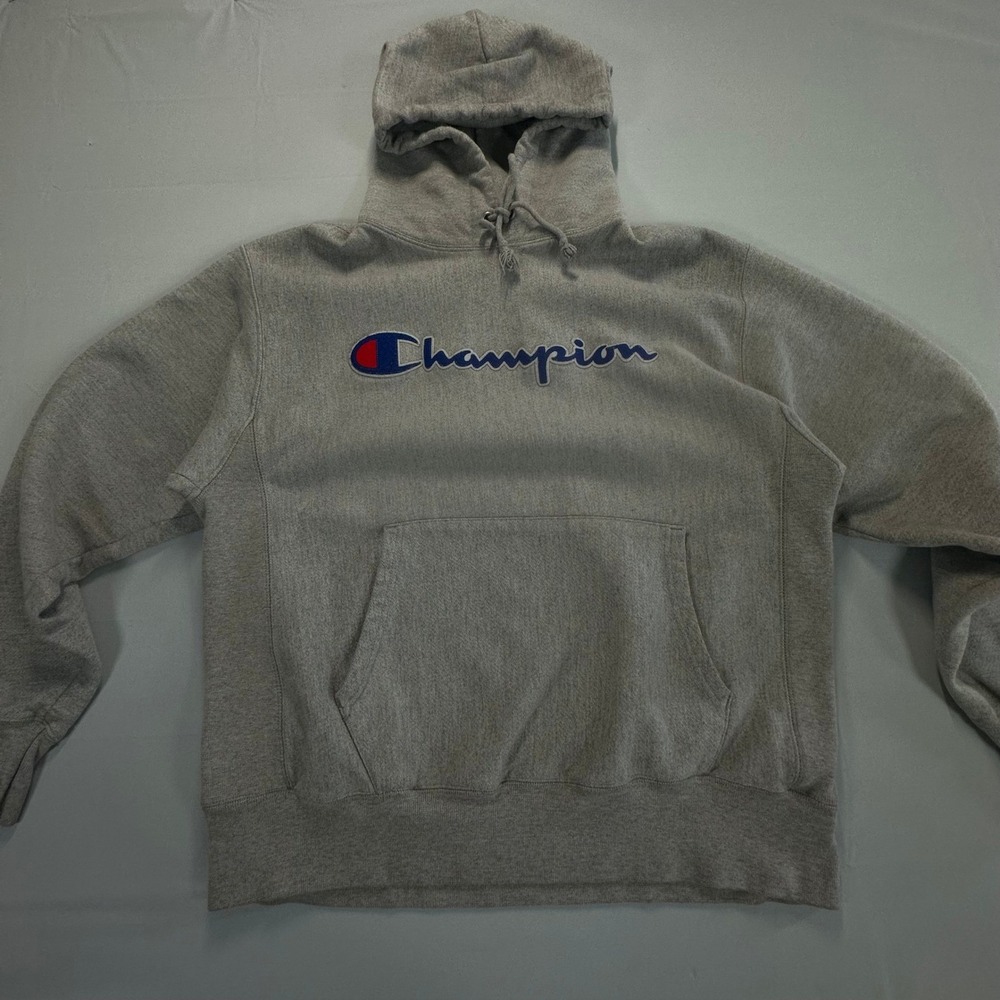 Champion Reverse Weave Hoodie Mens Large Gray Script Logo Pullover GF68 0335